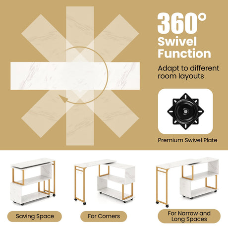 Mesa Auxiliar de Sofá Giratoria 360° con Librería y Ganchos para Sala de Estar-Blanco
