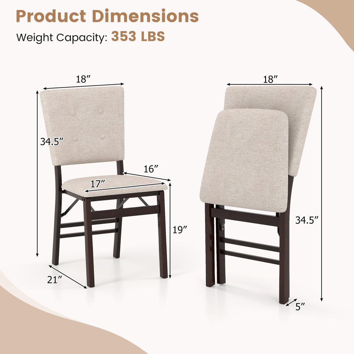 Juego de 2 sillas de comedor plegables sin brazos para cocina con asiento acolchado y respaldo reclinable