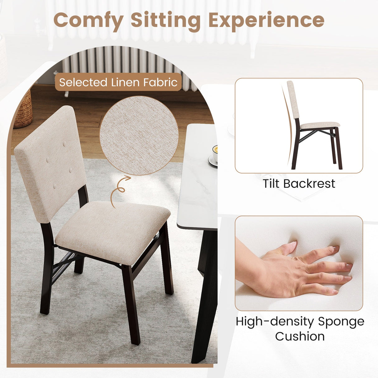 Juego de 4 sillas de comedor plegables sin brazos para cocina con asiento acolchado y respaldo reclinable