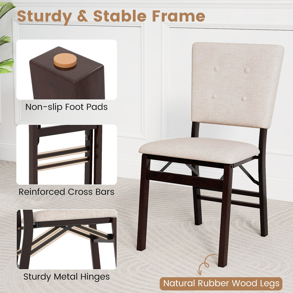 Juego de 4 sillas de comedor plegables sin brazos para cocina con asiento acolchado y respaldo reclinable