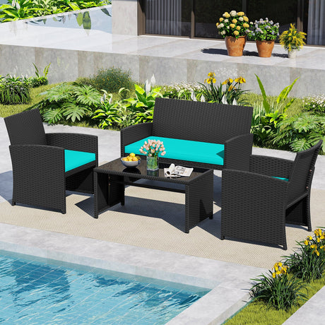 Juego de muebles de patio de 4 piezas con mesa de vidrio templado y cojines extraíbles