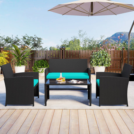 Juego de muebles de patio de 4 piezas con mesa de vidrio templado y cojines extraíbles