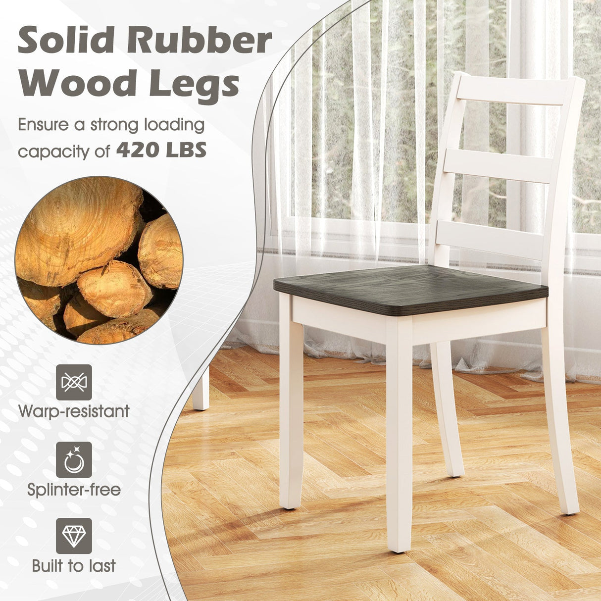 Juego de 4 sillas de comedor de madera con patas macizas de madera de caucho