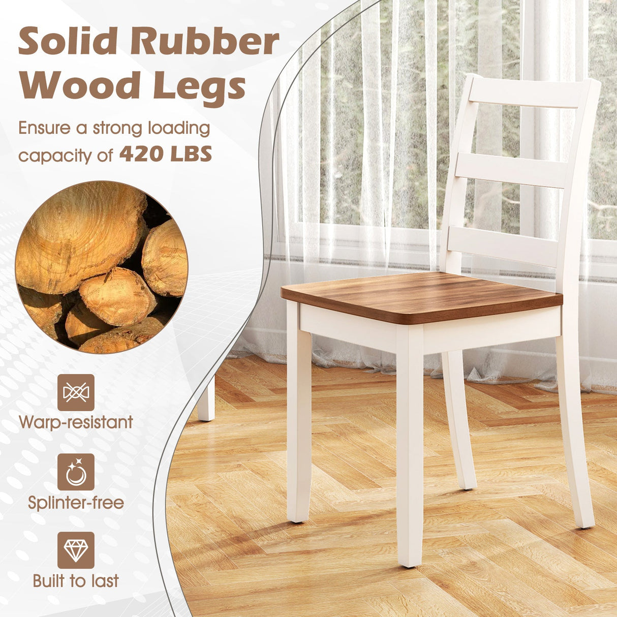 Juego de 4 sillas de comedor de madera con patas macizas de madera de caucho