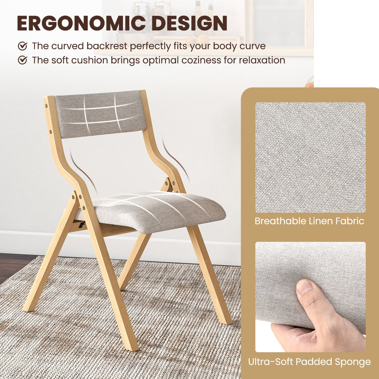 Juego de 4 sillas de comedor plegables, sillas de comedor tapizadas de madera con estructura de madera maciza
