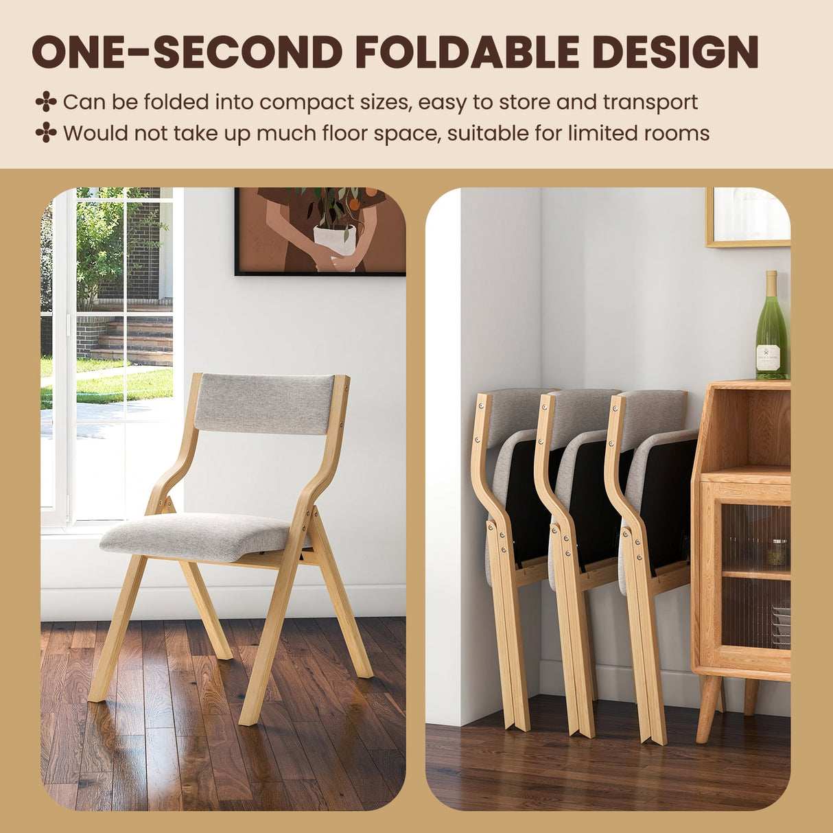 Juego de 4 sillas de comedor plegables, sillas de comedor tapizadas de madera con estructura de madera maciza