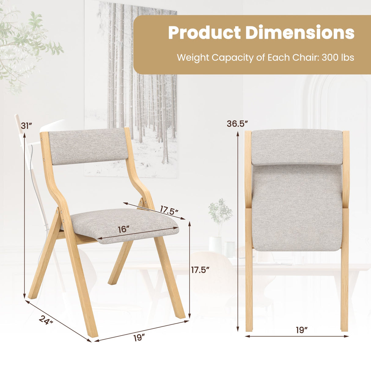 Juego de 4 sillas de comedor plegables, sillas de comedor tapizadas de madera con estructura de madera maciza