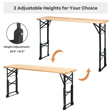 Juego de 3 piezas de mesa de pícnic para patio: Mesa de pícnic de madera ajustable + Sombrilla + Base para sombrilla