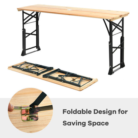 Juego de 3 piezas de mesa de pícnic para patio: Mesa de pícnic de madera ajustable + Sombrilla + Base para sombrilla