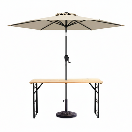Juego de 3 piezas de mesa de pícnic para patio: Mesa de pícnic de madera ajustable + Sombrilla + Base para sombrilla