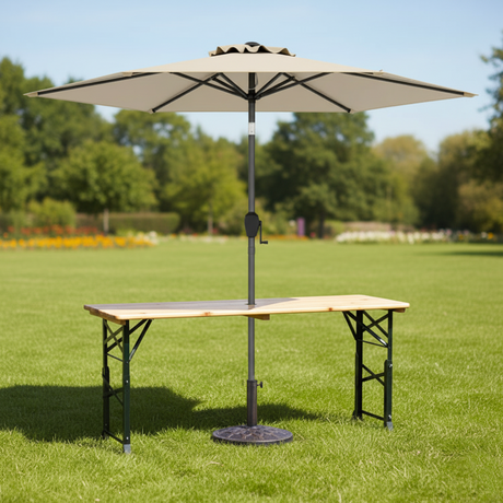 Juego de 3 piezas de mesa de pícnic para patio: Mesa de pícnic de madera ajustable + Sombrilla + Base para sombrilla
