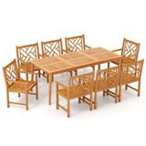 Juego de mesa de comedor para patio de 9 piezas, mesa de comedor rectangular de madera con 8 sillas y tablero de listones