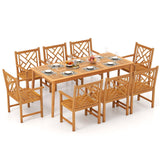 Juego de mesa de comedor para patio de 9 piezas, mesa de comedor rectangular de madera con 8 sillas y tablero de listones