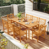 Juego de mesa de comedor para patio de 9 piezas, mesa de comedor rectangular de madera con 8 sillas y tablero de listones