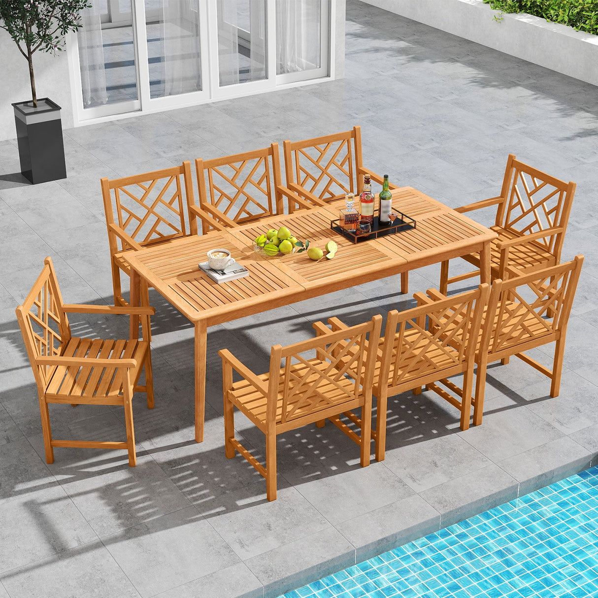 Juego de mesa de comedor para patio de 9 piezas, mesa de comedor rectangular de madera con 8 sillas y tablero de listones
