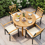 Juego de comedor de 5 piezas de madera de acacia para exteriores, mesa redonda de patio y sillas de metal con cojines