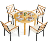 Juego de comedor de 5 piezas de madera de acacia para exteriores, mesa redonda de patio y sillas de metal con cojines