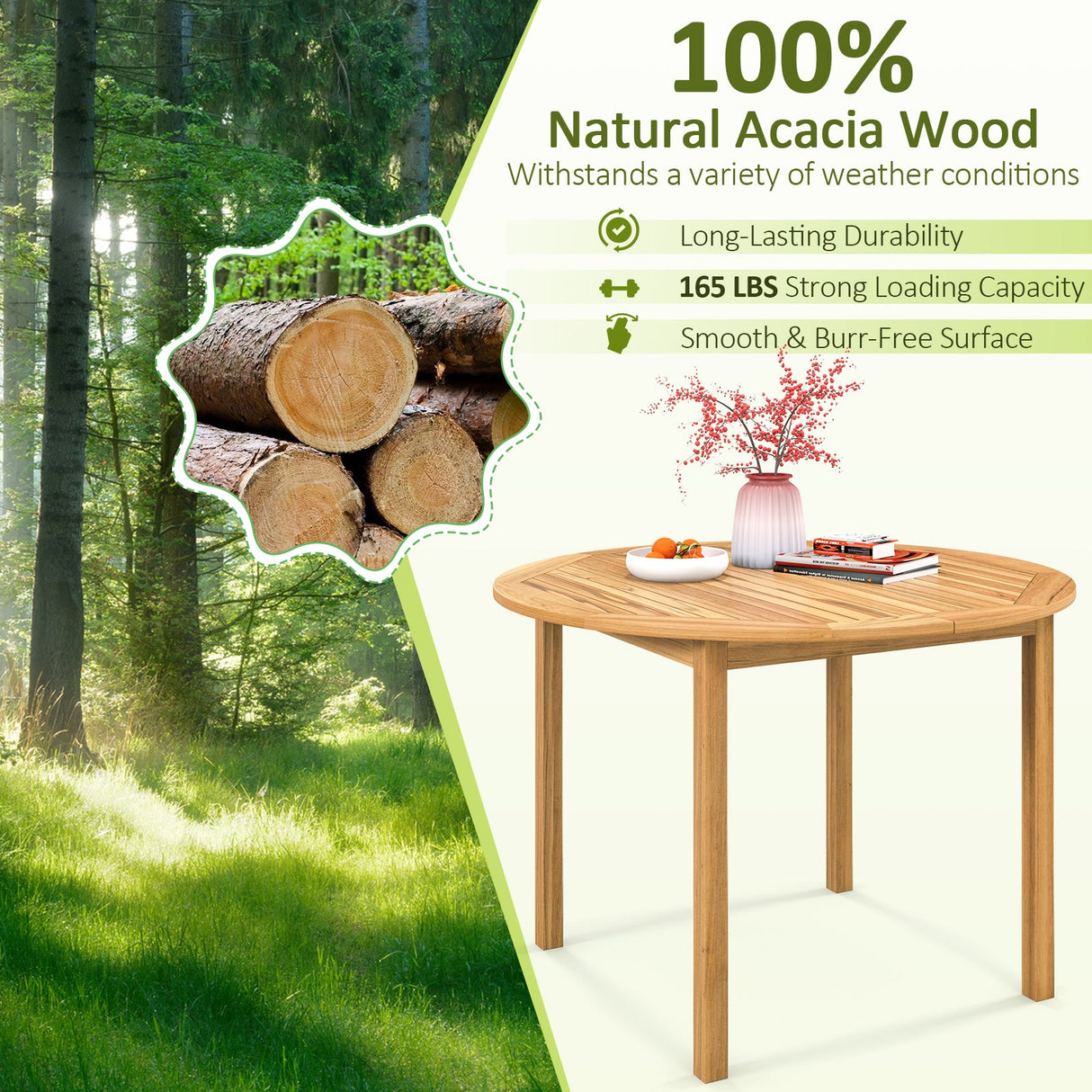 Juego de comedor de 5 piezas de madera de acacia para exteriores, mesa redonda de patio y sillas de metal con cojines