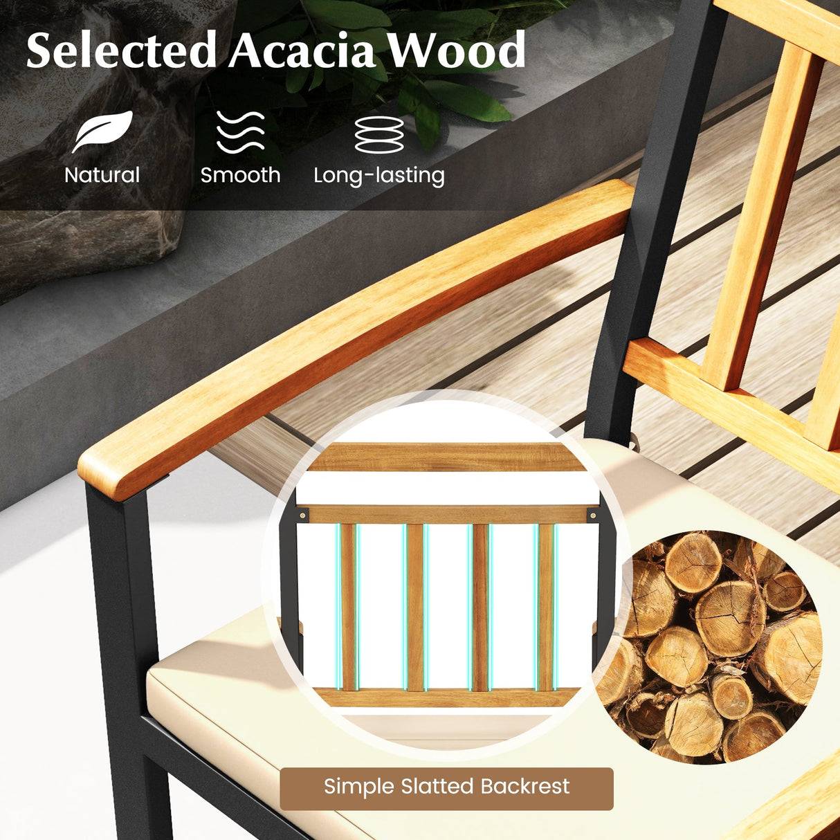 Juego de comedor de 5 piezas de madera de acacia para exteriores, mesa redonda de patio y sillas de metal con cojines