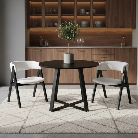 Juego de comedor de 3 piezas de mediados de siglo con mesa redonda de pedestal de 91 cm y 2 sillas tapizadas en Sherpa
