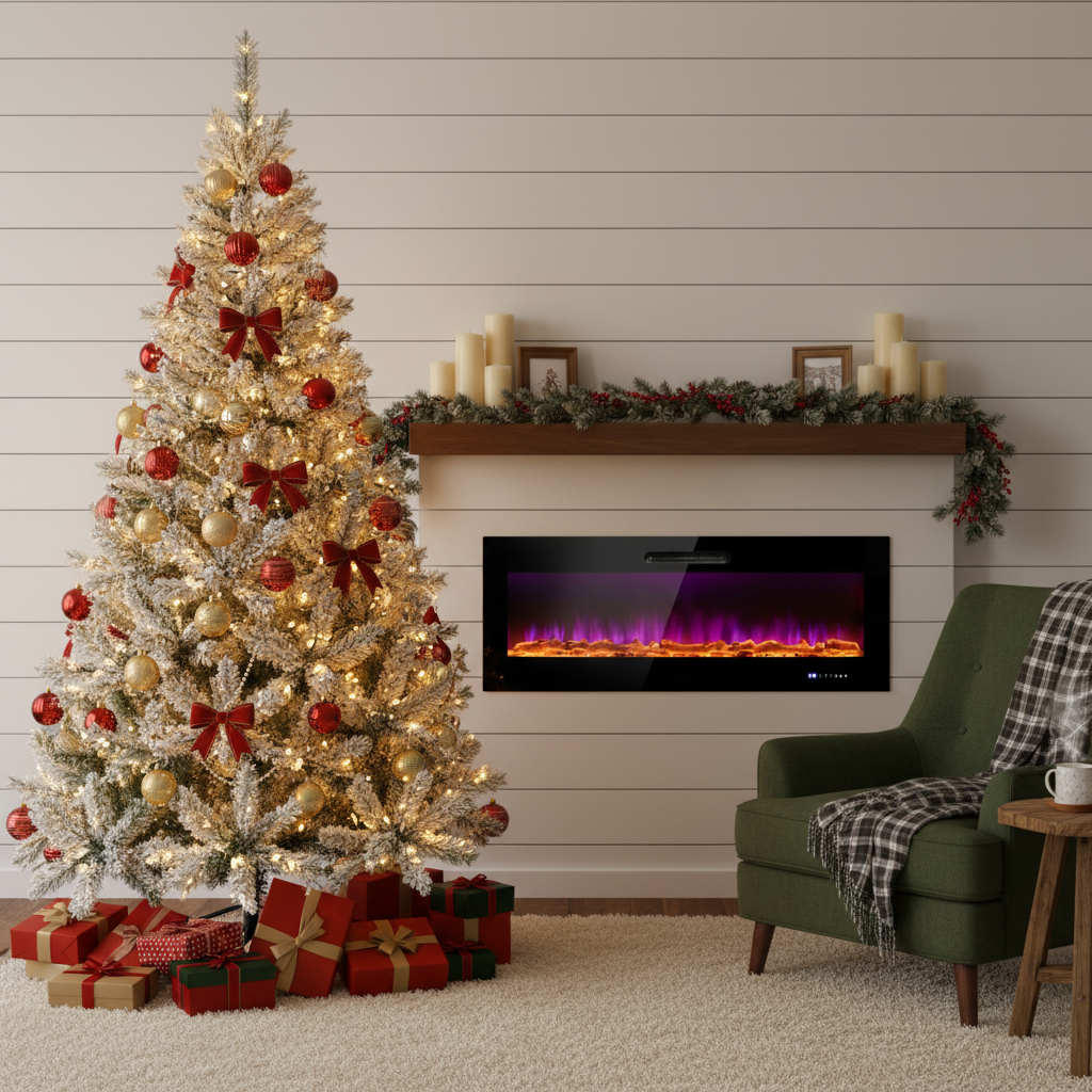 Suite de Decoración Navideña Definitiva: Árbol de Navidad con Nieve Artificial Pre-Iluminado y Chimenea Eléctrica Empotrada de 50"