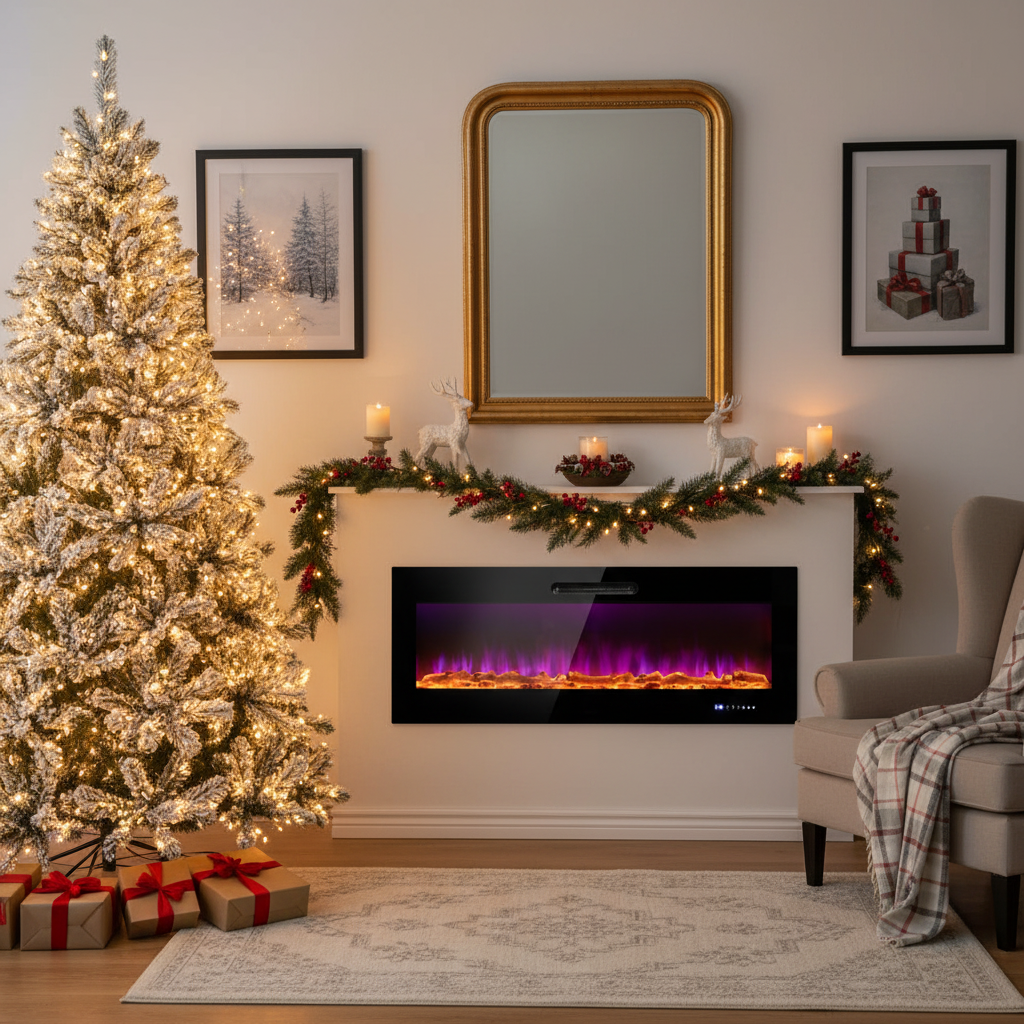 Suite de Decoración Navideña Definitiva: Árbol de Navidad con Nieve Artificial Pre-Iluminado y Chimenea Eléctrica Empotrada de 50"
