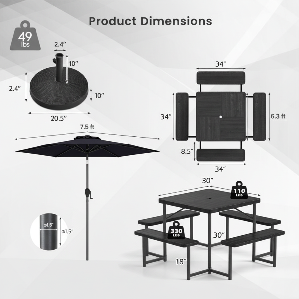 Juego de mesa de pícnic para exterior con banco, sombrilla y base para 4-8 personas