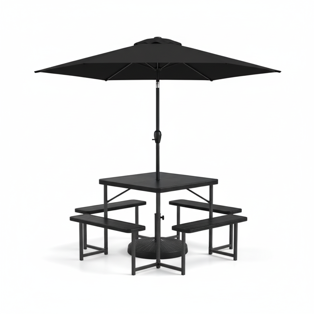 Juego de mesa de pícnic para exterior con banco, sombrilla y base para 4-8 personas