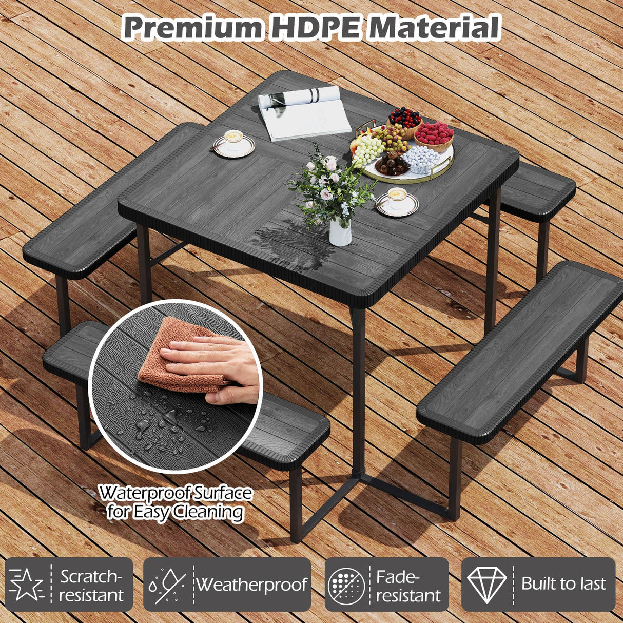 Juego de mesa de pícnic para exterior con banco, sombrilla y base para 4-8 personas