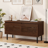Mid Century Fluted TV Stand for 40" TV with 2 Hidden Compartments and Metal Legs-Walnut
