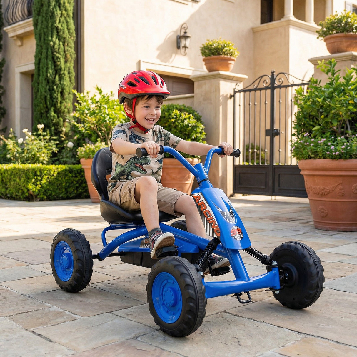 Go Kart para niños de 4 ruedas con manillar de dirección y asiento ajustable