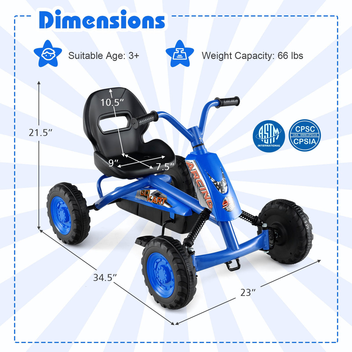 Go Kart para niños de 4 ruedas con manillar de dirección y asiento ajustable