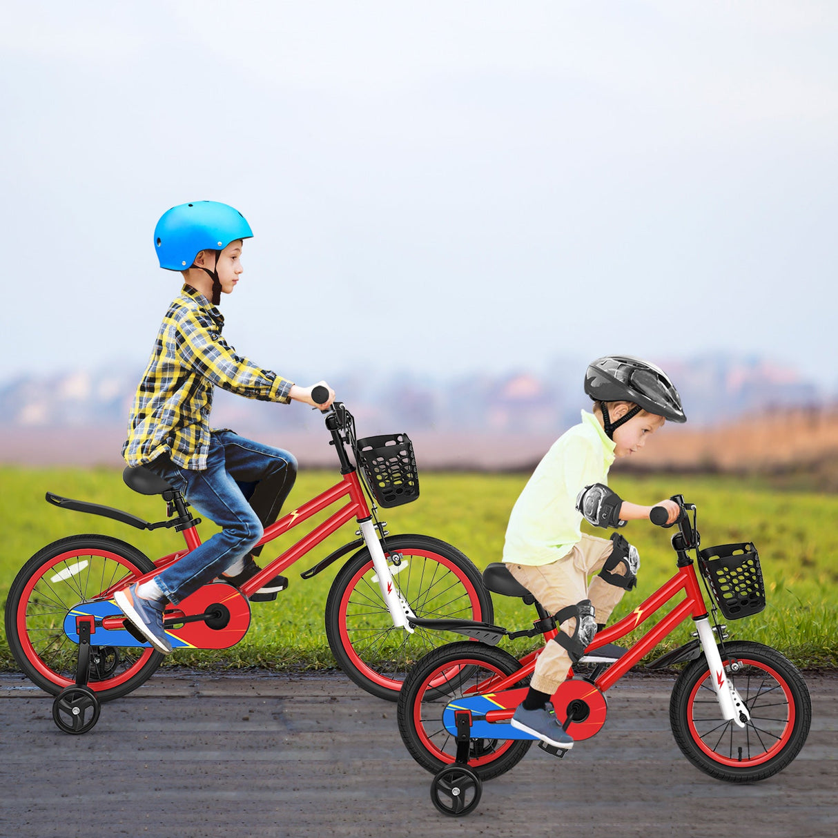 Bicicleta infantil roja de 14 pulgadas con set de protección de casco rosa