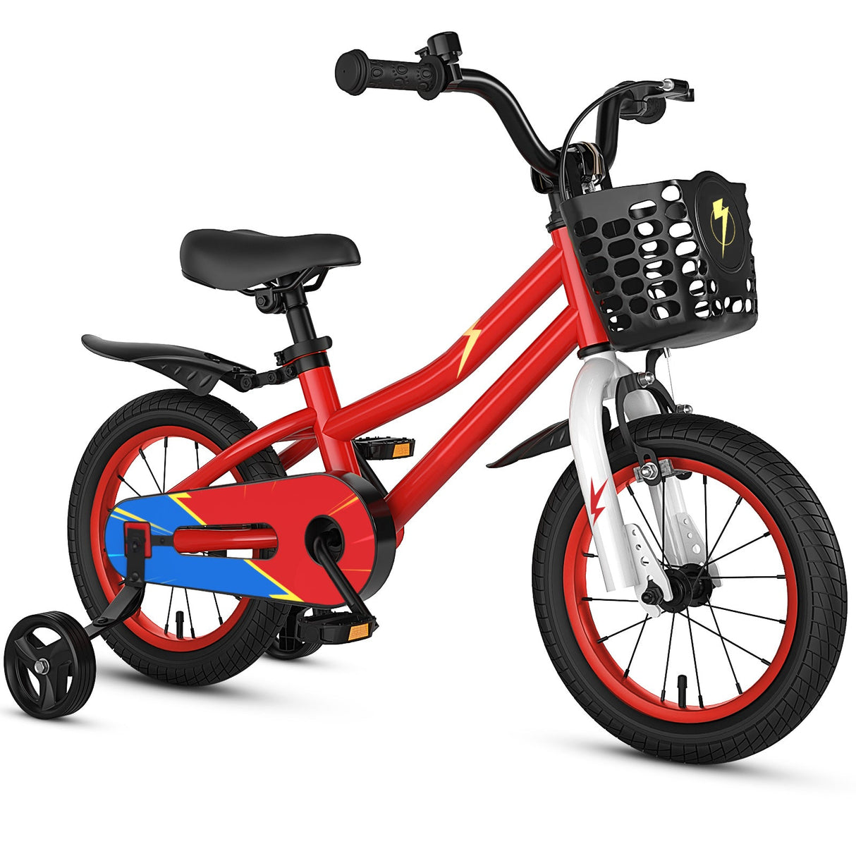 Bicicleta infantil roja de 14 pulgadas con set de protección de casco rosa