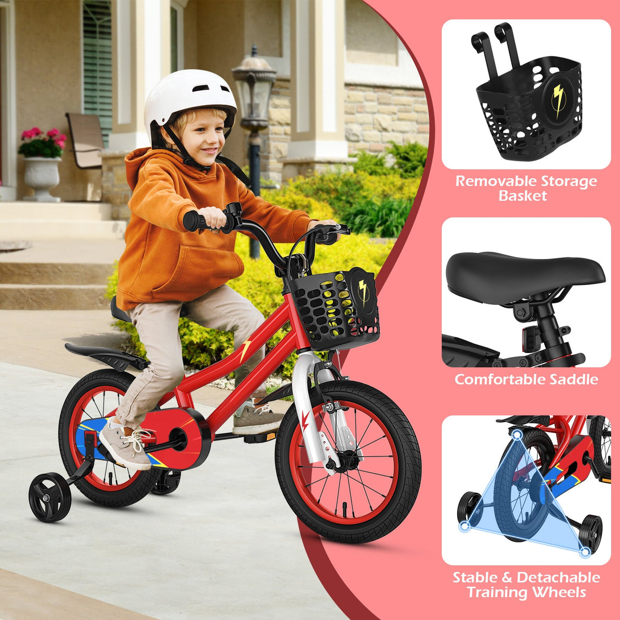 Bicicleta infantil roja de 14 pulgadas con set de protección de casco rosa