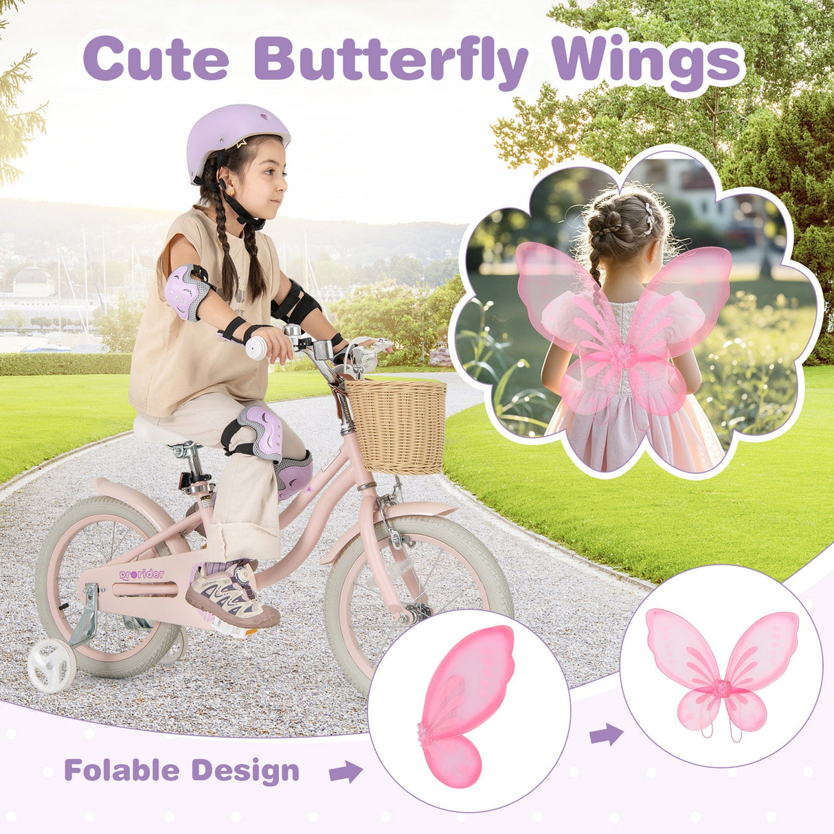 Bicicleta infantil roja de 14 pulgadas con set de protección de casco rosa