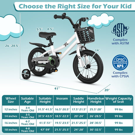 Bicicleta Infantil de 14 Pulgadas Blanca con Casco Azul y Set Protector