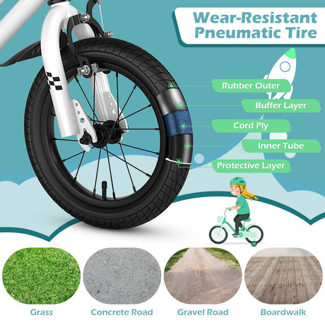 Bicicleta Infantil de 14 Pulgadas Blanca con Casco Azul y Set Protector