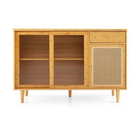 Juego de comedor moderno de 3 piezas: sillas de comedor de madera + aparador de bambú + armario alto de almacenamiento