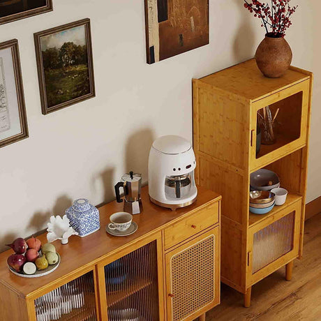 Juego de comedor moderno de 3 piezas: sillas de comedor de madera + aparador de bambú + armario alto de almacenamiento