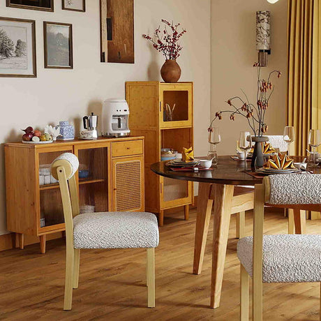 Juego de comedor moderno de 3 piezas: sillas de comedor de madera + aparador de bambú + armario alto de almacenamiento