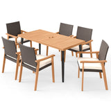 Juego de mesa de comedor para patio de 7 piezas, mesa de madera de acacia y 6 sillones
