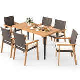 Juego de mesa de comedor para patio de 7 piezas, mesa de madera de acacia y 6 sillones