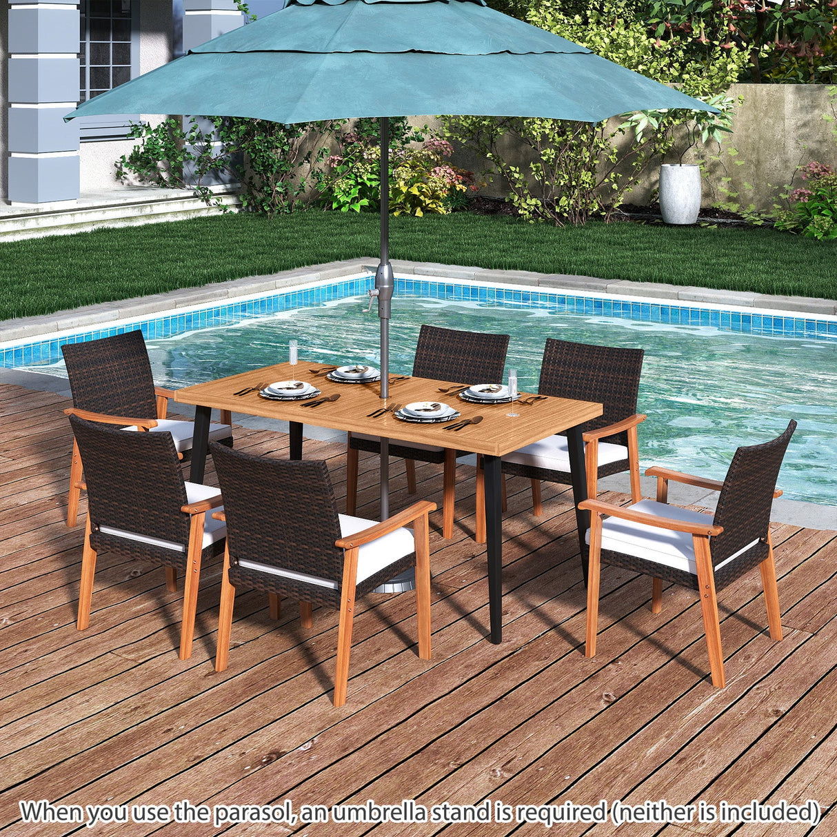 Juego de mesa de comedor para patio de 7 piezas, mesa de madera de acacia y 6 sillones
