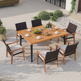 Juego de mesa de comedor para patio de 7 piezas, mesa de madera de acacia y 6 sillones