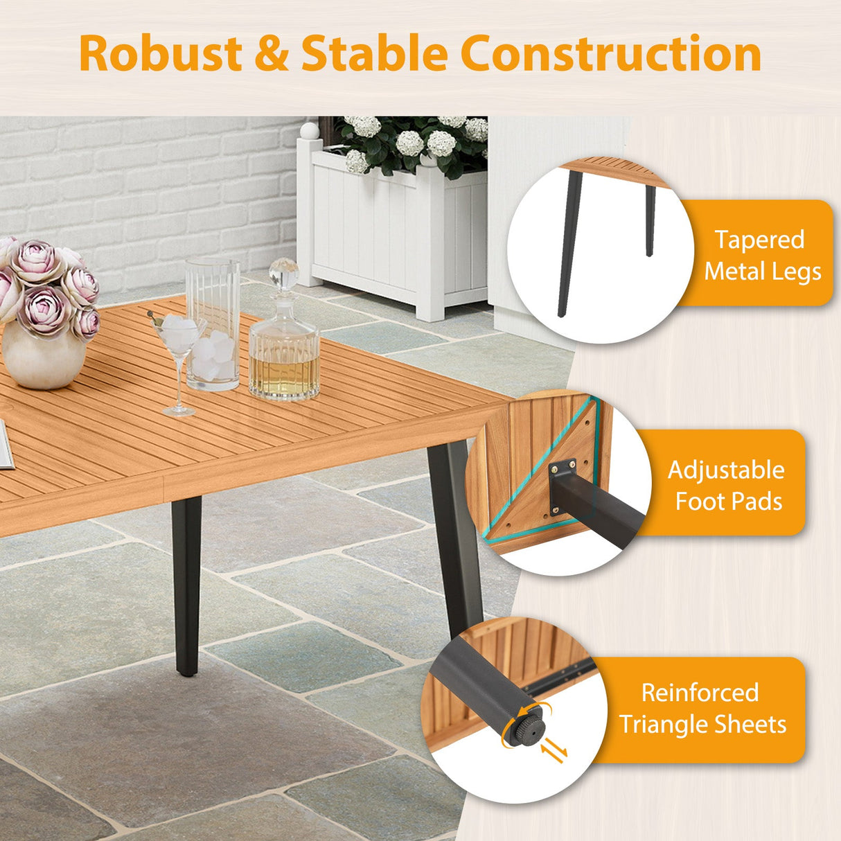 Juego de mesa de comedor para patio de 7 piezas, mesa de madera de acacia y 6 sillones