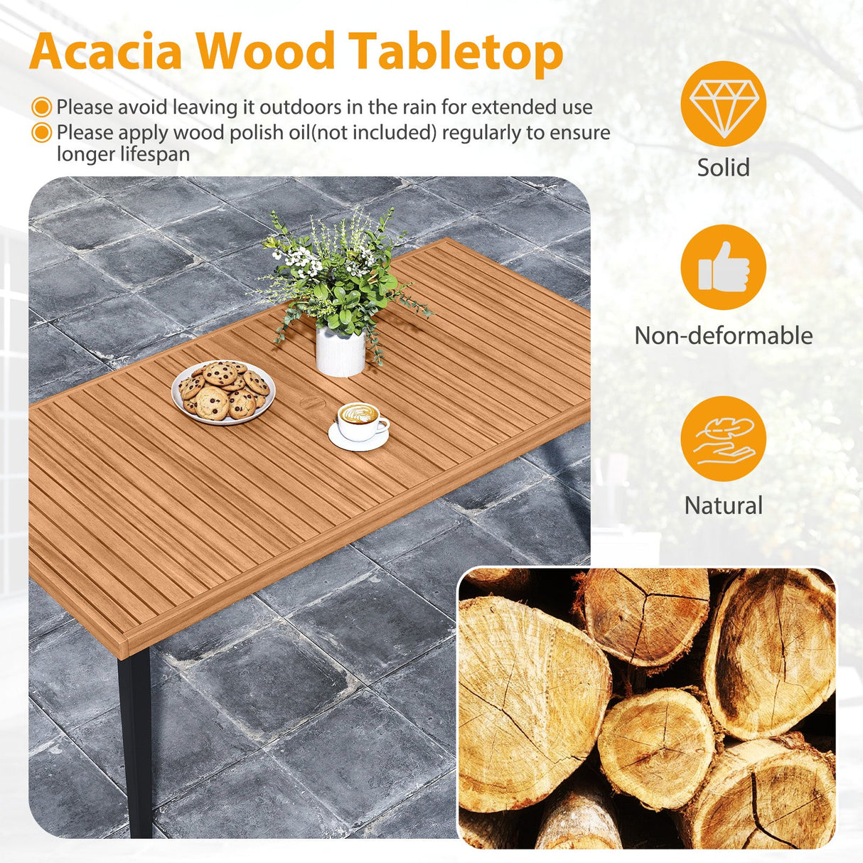 Juego de mesa de comedor para patio de 7 piezas, mesa de madera de acacia y 6 sillones