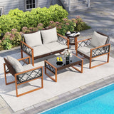 Juego de muebles de patio de mimbre PE de 5 piezas con estructura de madera de acacia
