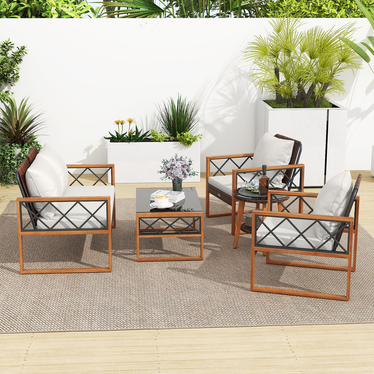 Juego de muebles de patio de mimbre PE de 5 piezas con estructura de madera de acacia