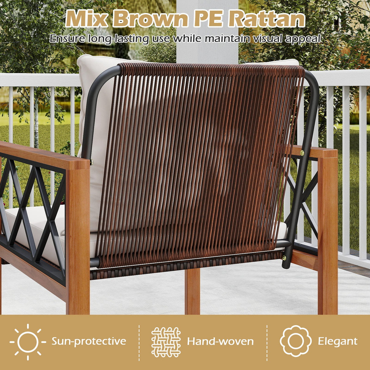Juego de muebles de patio de mimbre PE de 5 piezas con estructura de madera de acacia